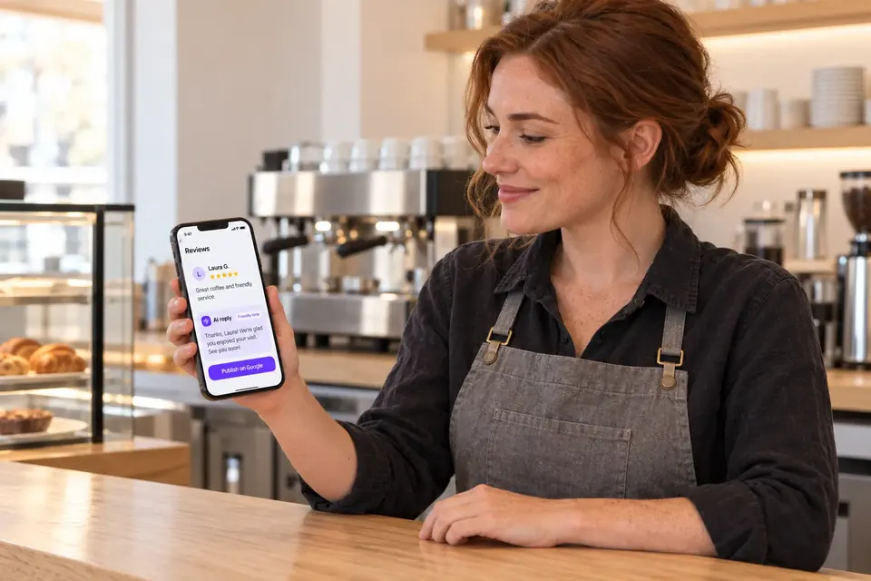 Camarera de una cafetería revisando en el móvil la respuesta con IA a una reseña de Google antes de publicarla