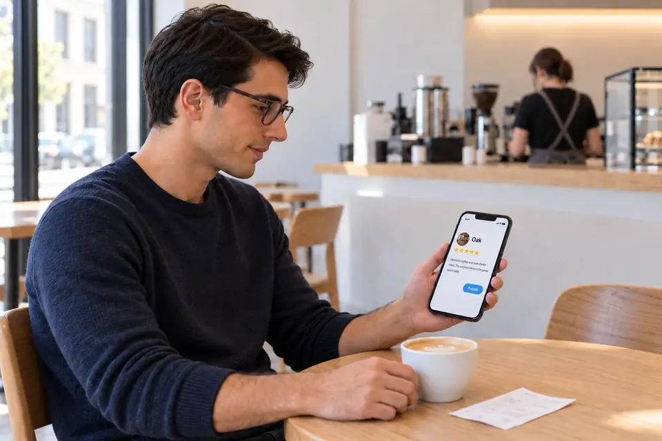 Cliente publicando una reseña de cinco estrellas en Google desde el móvil en una cafetería