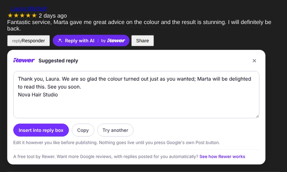 The Reply with AI button and the suggested reply panel next to a Google review in the Google Business Profile